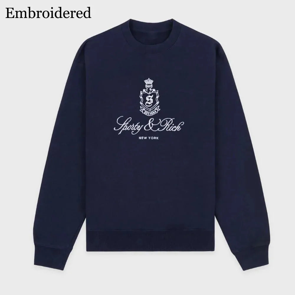 Autumn New Arrive Vintage Unisex Sport Club Embroidered Sweatshirt Navy Oversize Cotton Crewneck Pullover Street Fashion Jumpers