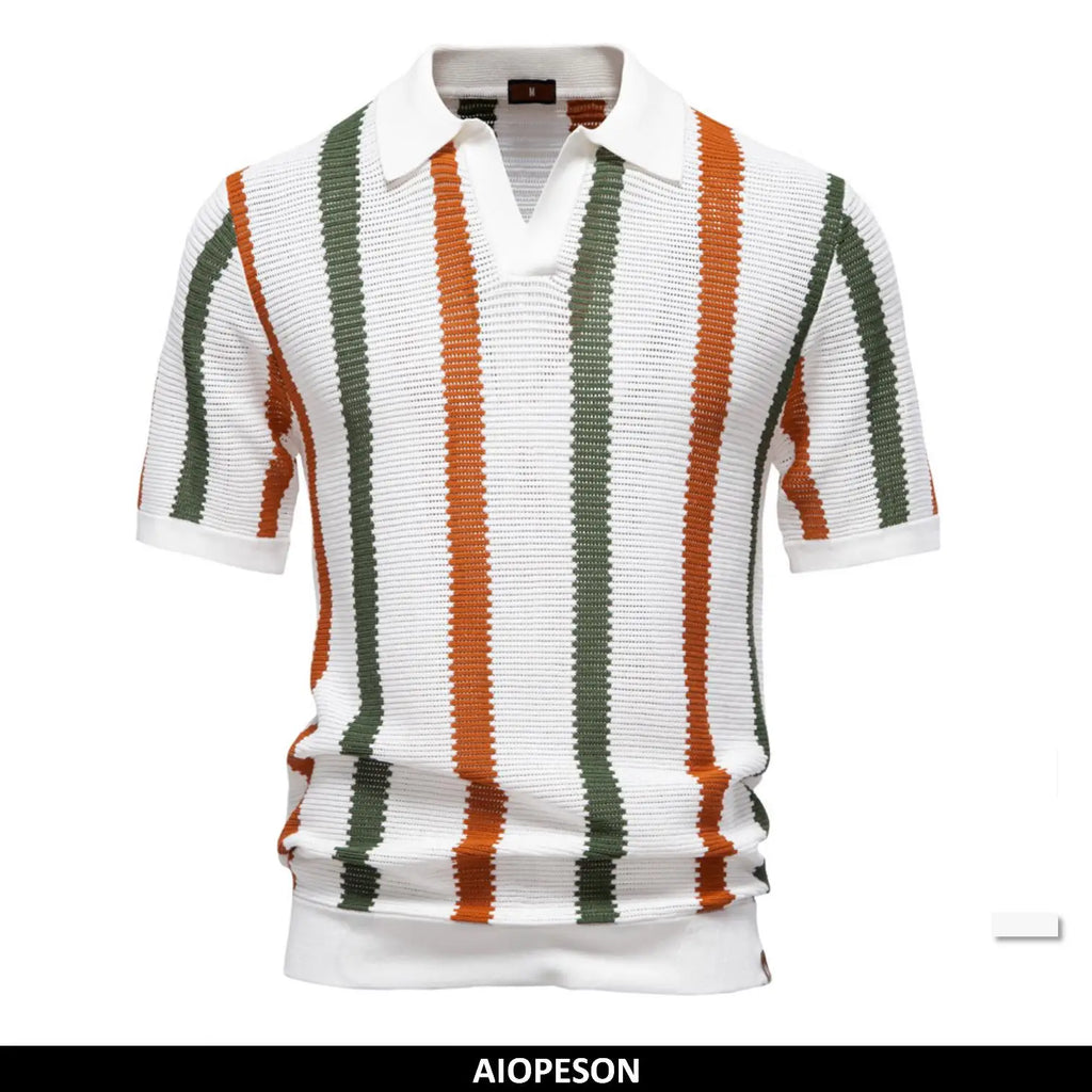 AIOPESON Men's Ribbed Knit Polo Shirt For Breathable Striped Casual Wear with Comfortable Collar High quality Male Polo Shirt