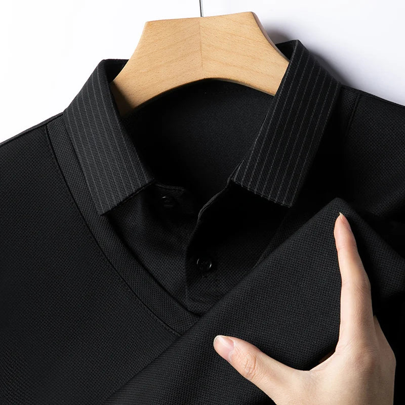 2025 New Men's Casual and Fashionable Long Sleeved Solid Color Fake Two-piece Polo Shirt Business All Season Versatile Top