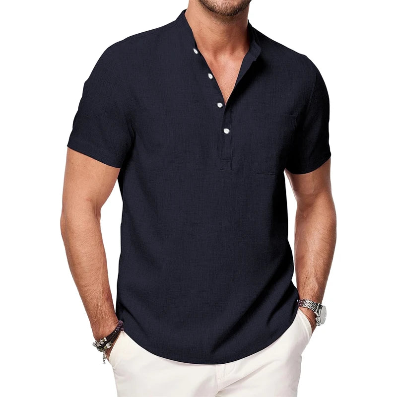 Summer Mens Short Sleeve Henley Shirts Casual Button Down Shirt Lightweight Beach Wear with Pocket Breathable Streetwear