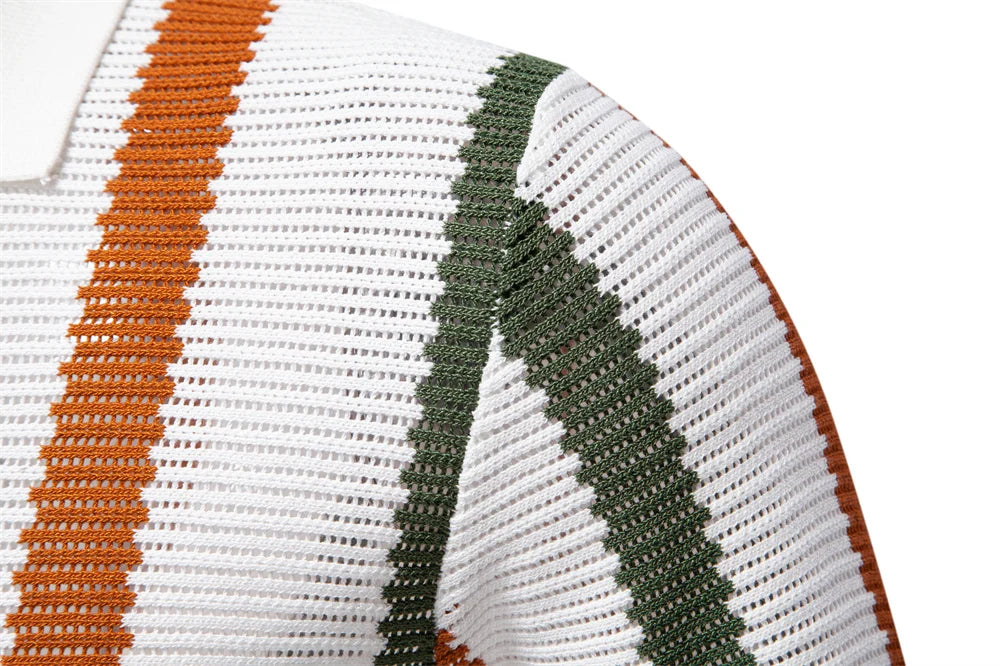 AIOPESON Men's Ribbed Knit Polo Shirt For Breathable Striped Casual Wear with Comfortable Collar High quality Male Polo Shirt