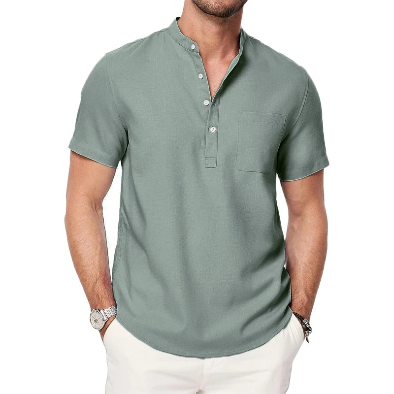 Summer Mens Short Sleeve Henley Shirts Casual Button Down Shirt Lightweight Beach Wear with Pocket Breathable Streetwear
