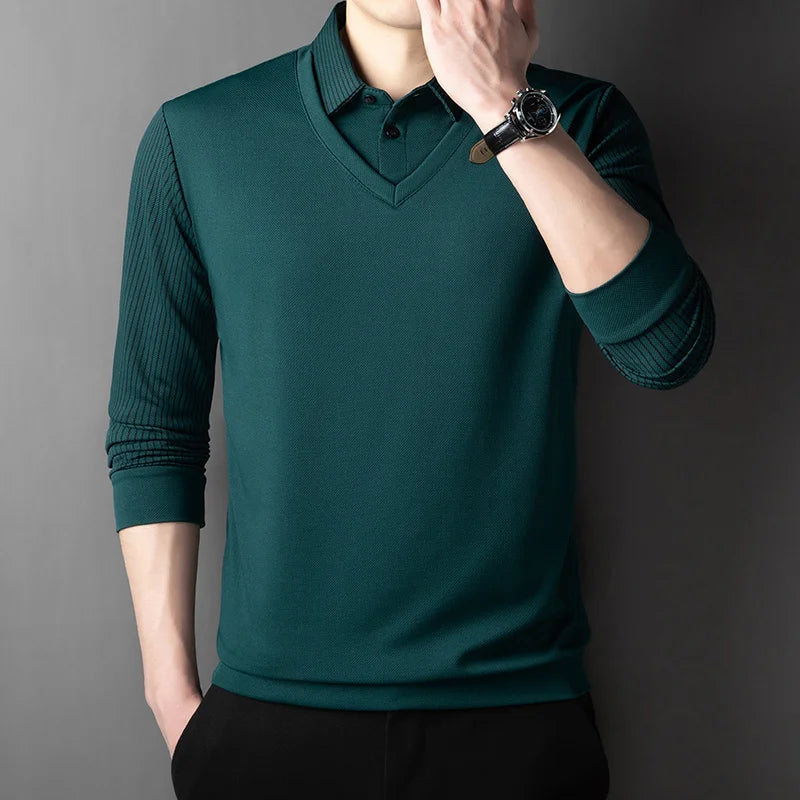 2025 New Men's Casual and Fashionable Long Sleeved Solid Color Fake Two-piece Polo Shirt Business All Season Versatile Top