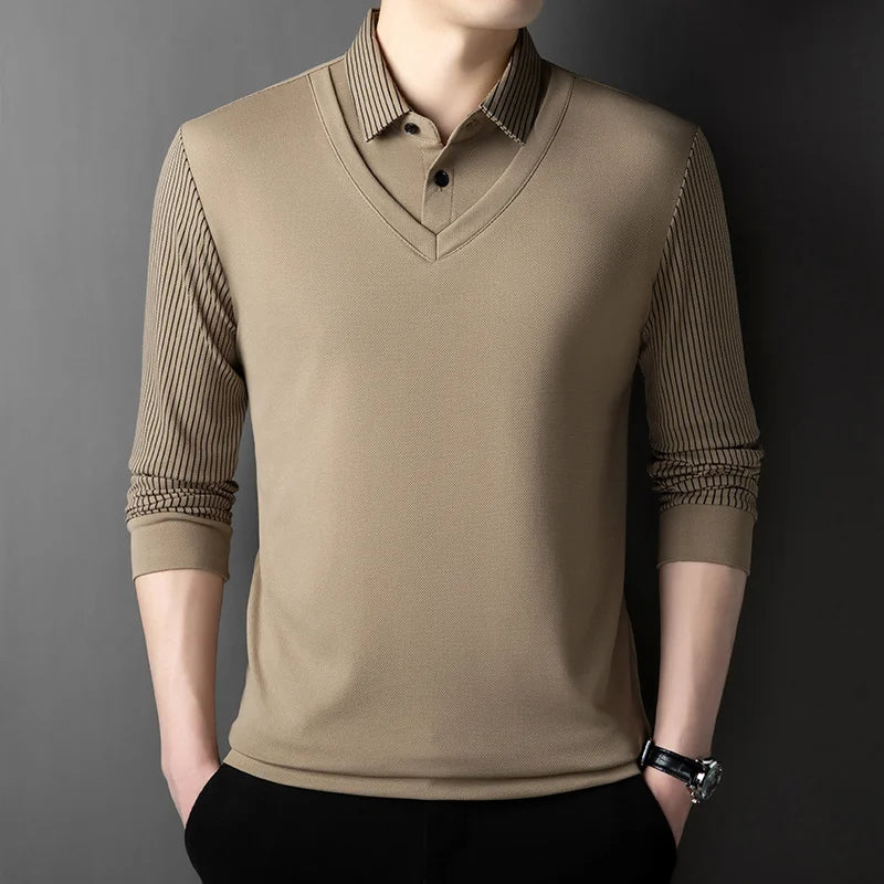 2025 New Men's Casual and Fashionable Long Sleeved Solid Color Fake Two-piece Polo Shirt Business All Season Versatile Top