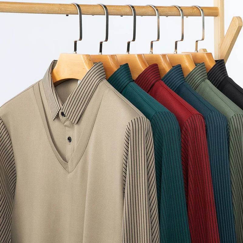 2025 New Men's Casual and Fashionable Long Sleeved Solid Color Fake Two-piece Polo Shirt Business All Season Versatile Top