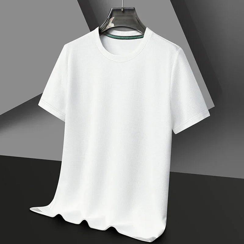 New Summer Waffle Round Neck Short Sleeved T-shirt for Men's Short Sleeved Top