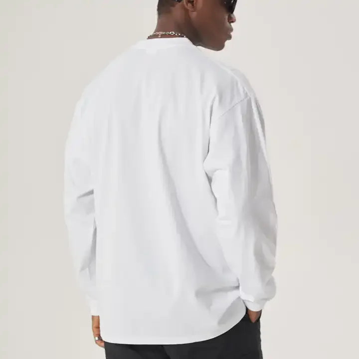 DIY LOGO Custom 300GSM 100% Cotton Heavyweight Autumn Long Sleeves T Shirt for Men Shirt O-Neck White Tops Oversized Men's