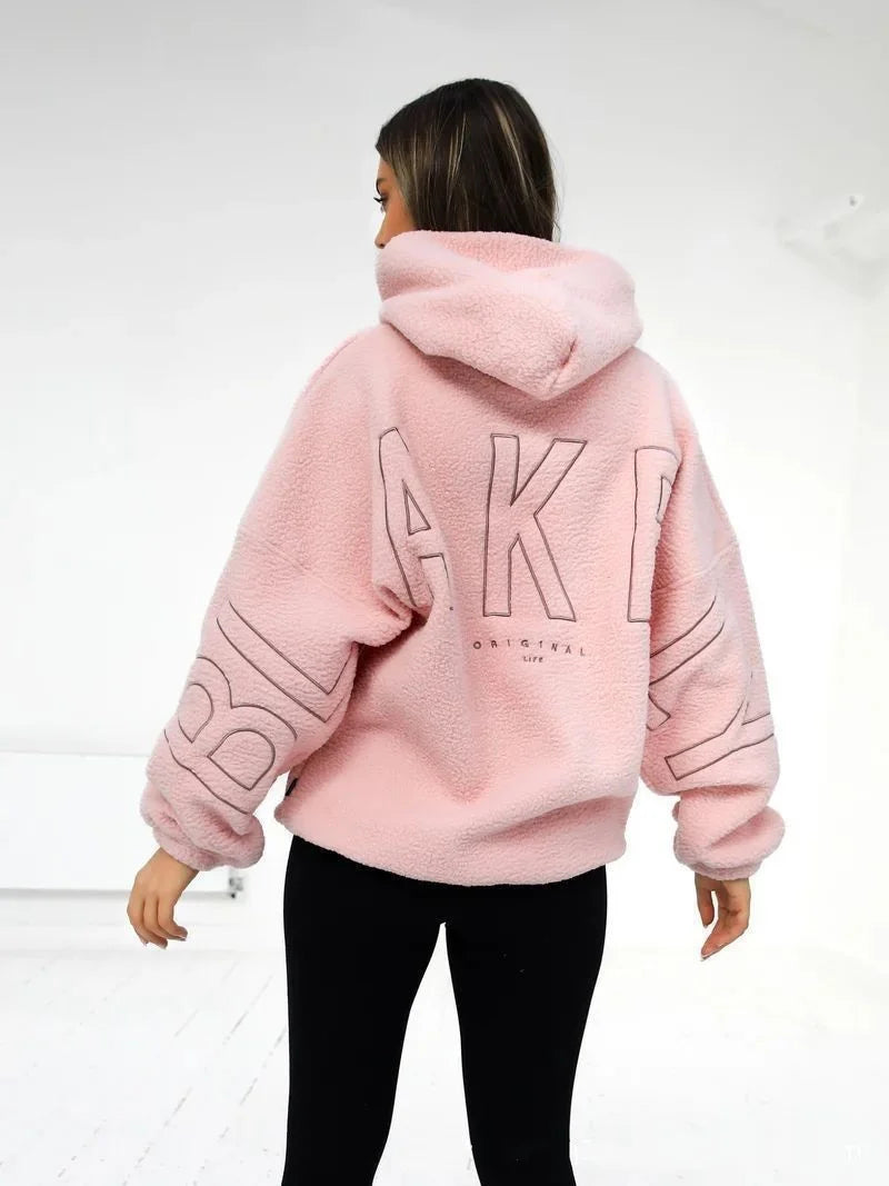 Casual women's top for autumn and winter, lambskin hoodie, fleece thermal sweatshirt, warm and trendy street sweatshirt