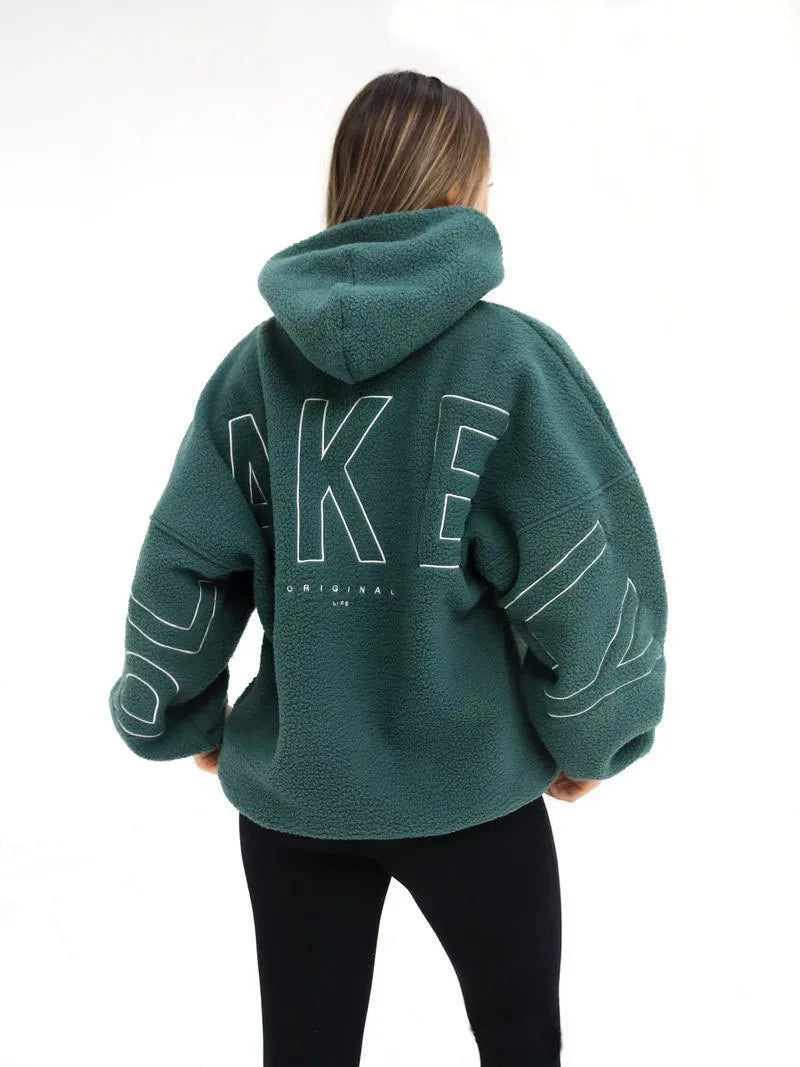 Casual women's top for autumn and winter, lambskin hoodie, fleece thermal sweatshirt, warm and trendy street sweatshirt