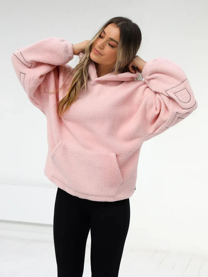 Casual women's top for autumn and winter, lambskin hoodie, fleece thermal sweatshirt, warm and trendy street sweatshirt