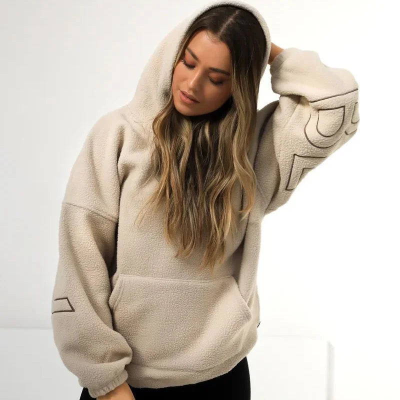 Casual women's top for autumn and winter, lambskin hoodie, fleece thermal sweatshirt, warm and trendy street sweatshirt