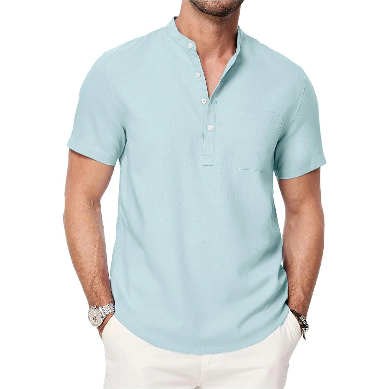 Summer Mens Short Sleeve Henley Shirts Casual Button Down Shirt Lightweight Beach Wear with Pocket Breathable Streetwear