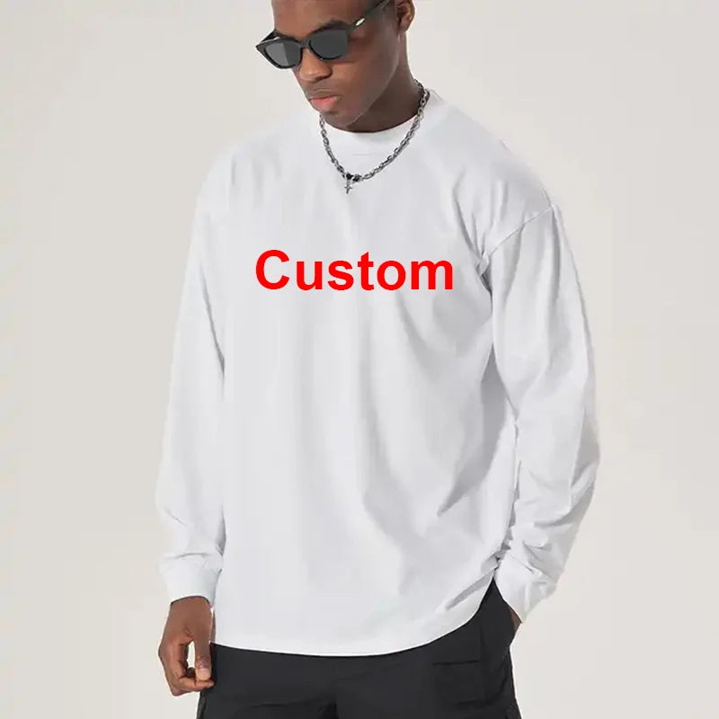 DIY LOGO Custom 300GSM 100% Cotton Heavyweight Autumn Long Sleeves T Shirt for Men Shirt O-Neck White Tops Oversized Men's