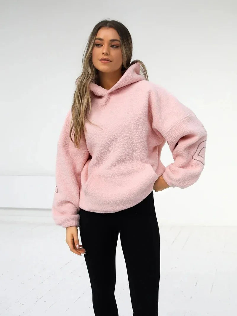 Casual women's top for autumn and winter, lambskin hoodie, fleece thermal sweatshirt, warm and trendy street sweatshirt