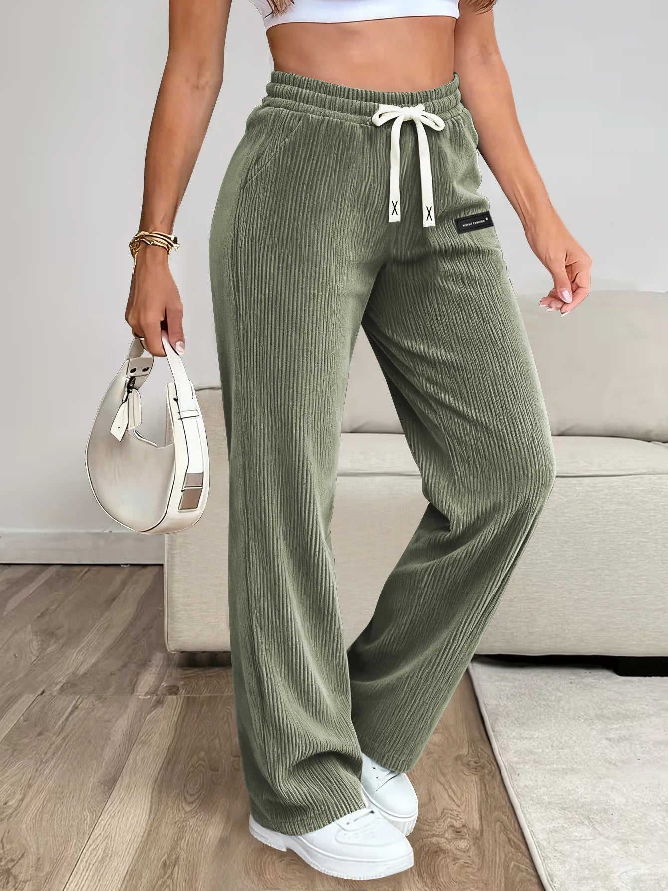Women's Drawstring Waist Corduroy Straight Leg Casual Pants, Fashion Retro Style Sweatpants For Spring/Autumn