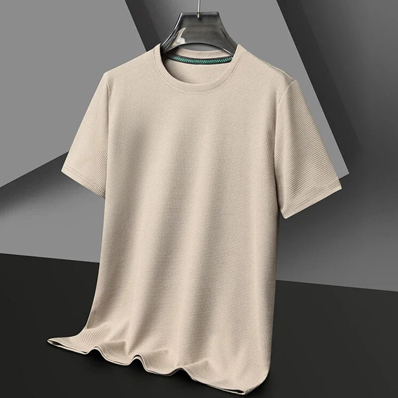 New Summer Waffle Round Neck Short Sleeved T-shirt for Men's Short Sleeved Top