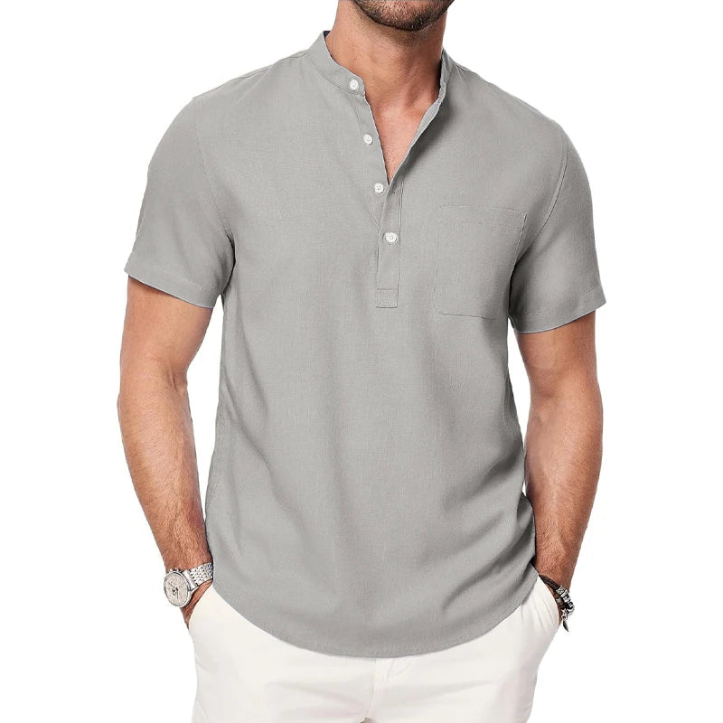 Summer Mens Short Sleeve Henley Shirts Casual Button Down Shirt Lightweight Beach Wear with Pocket Breathable Streetwear