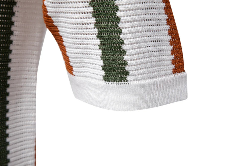 AIOPESON Men's Ribbed Knit Polo Shirt For Breathable Striped Casual Wear with Comfortable Collar High quality Male Polo Shirt