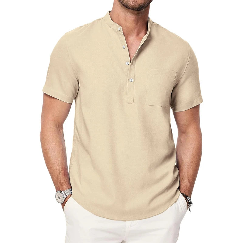 Summer Mens Short Sleeve Henley Shirts Casual Button Down Shirt Lightweight Beach Wear with Pocket Breathable Streetwear