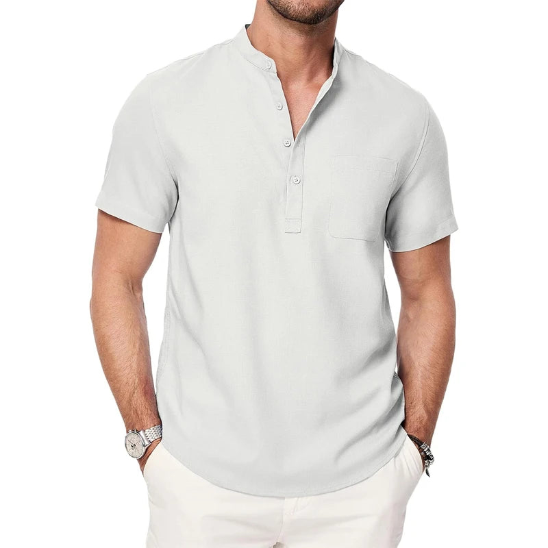 Summer Mens Short Sleeve Henley Shirts Casual Button Down Shirt Lightweight Beach Wear with Pocket Breathable Streetwear
