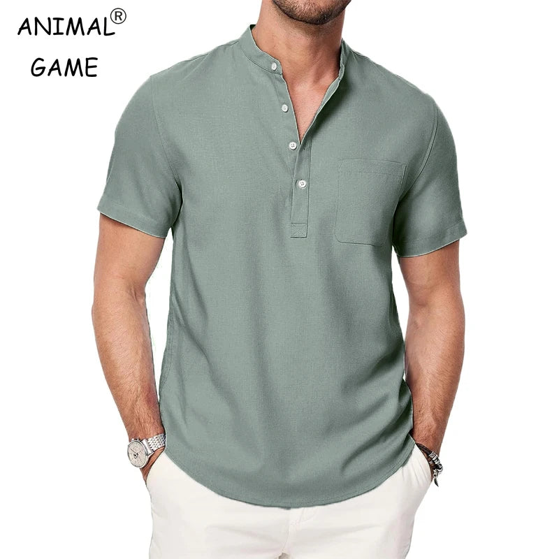 Summer Mens Short Sleeve Henley Shirts Casual Button Down Shirt Lightweight Beach Wear with Pocket Breathable Streetwear